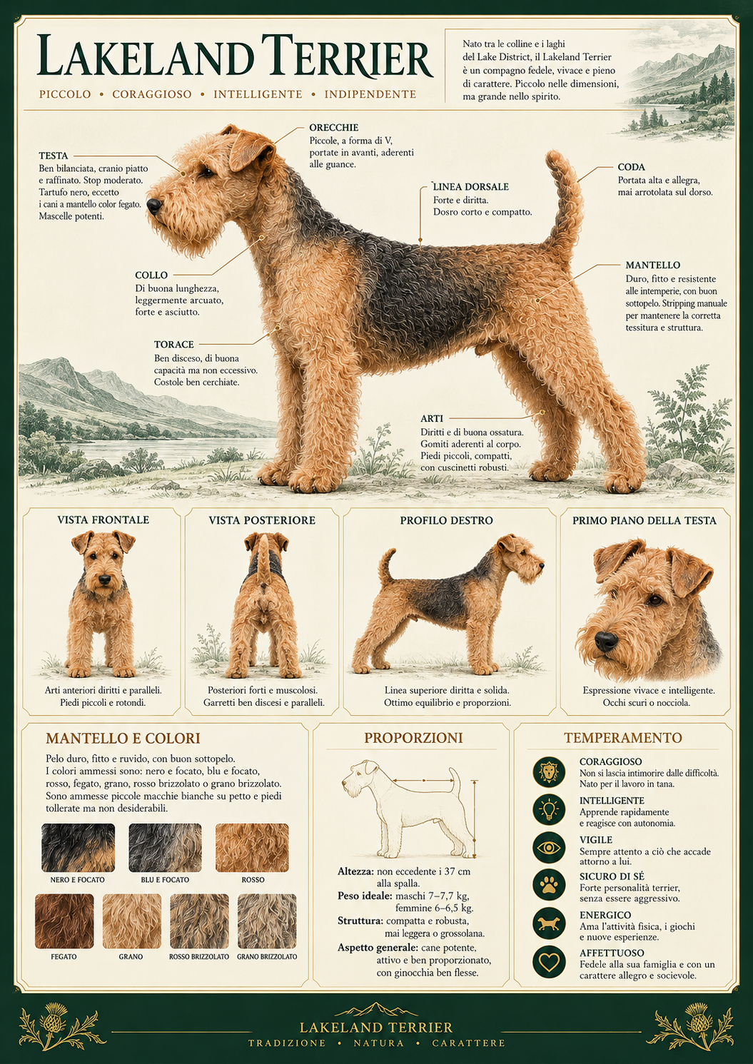 Atlante illustrato del Lakeland Terrier: anatomia, viste frontale e posteriore, profilo, mantello e proporzioni